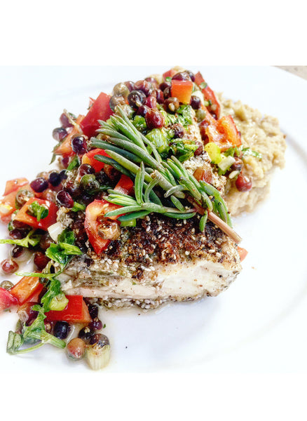 Recipe: Chia crusted Barramundi with chickpea mash and muntrie salsa | Warndu ◎
