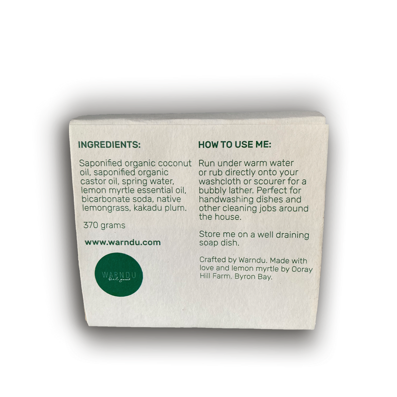 Warndu Australian Native, Warndu Lemon Myrtle, Native Lemongrass & Kakadu Plum Dishwashing Soap Bar.