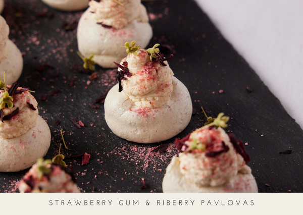 Digital recipe card for Strawberry Gum and Riberry Pavlovas | Warndu Australian Native Food